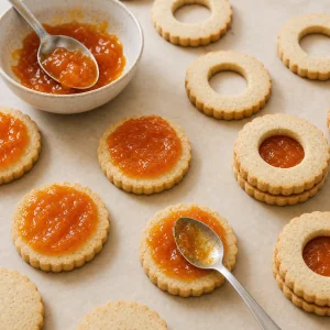 Apricot jam spread on Linzer cookie bases