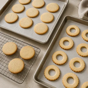 Golden Linzer cookie rounds cooling on trays