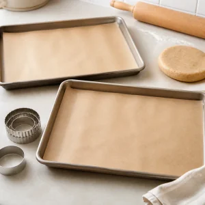 Parchment-lined baking sheets ready for cookies