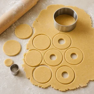 Rolled dough cut into Linzer circles and rings