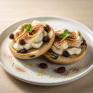 Fertige English Muffins mit Ricotta, Rosinen, Zimt und Minze