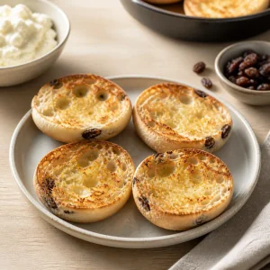 Goldbraune English-Muffin-Haelften auf einem Keramikteller