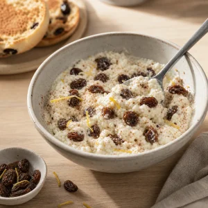 Rosinen in warme Ricotta mit Zimtflecken gehoben