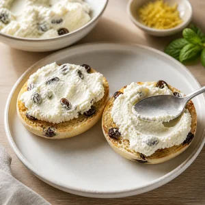 Ricotta und Rosinen auf getoasteten English-Muffin-Haelften