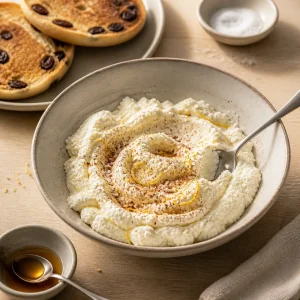 Ricotta mit Zimt und Zitronenschale in einer Keramikschale
