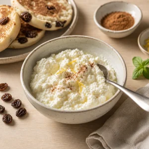 Warme Ricotta in einer Keramikschale mit getoasteten Muffins daneben