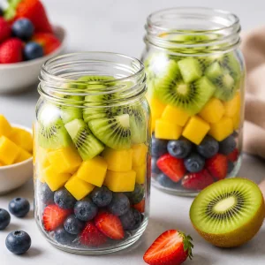 Fruit layers arranged in clear parfait jars