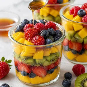 Maple syrup drizzled over layered fruit