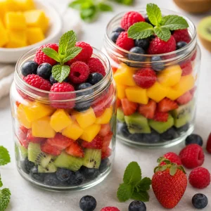 Vegan fruit parfaits garnished with mint