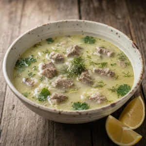 Bowl of Magiritsa soup with herbs and lemon wedges