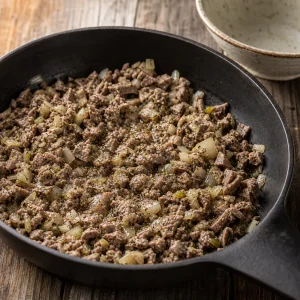 Chopped lamb offal browned with oregano in a skillet