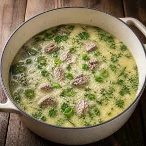 Finished Magiritsa soup with fresh green onion tops