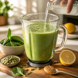 Kokoswasser wird in einen cremigen gruenen Smoothie gegossen