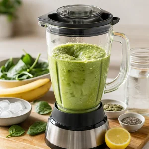 Cremiger gruener Smoothie wird im geschlossenen Mixer gemixt