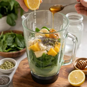Zitronensaft und Honig zu Smoothie-Zutaten gegeben