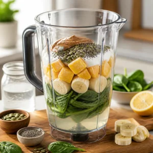 Zutaten fuer Spinat-Smoothie geschichtet im Mixer