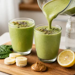 Zwei Glaeser gruener Smoothie mit Kuerbis- und Chiasamen
