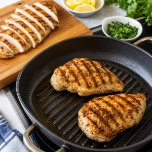 Grilled chicken breasts searing in a pan