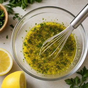 Lemon herb dressing whisked in a glass bowl