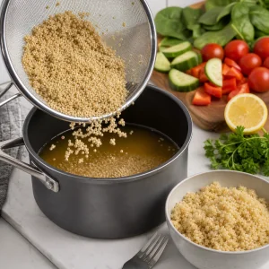 Quinoa rinsed into a saucepan for lunch bowls