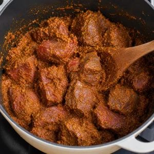 Кусочки говядины покрыты пряной пастой ренданг