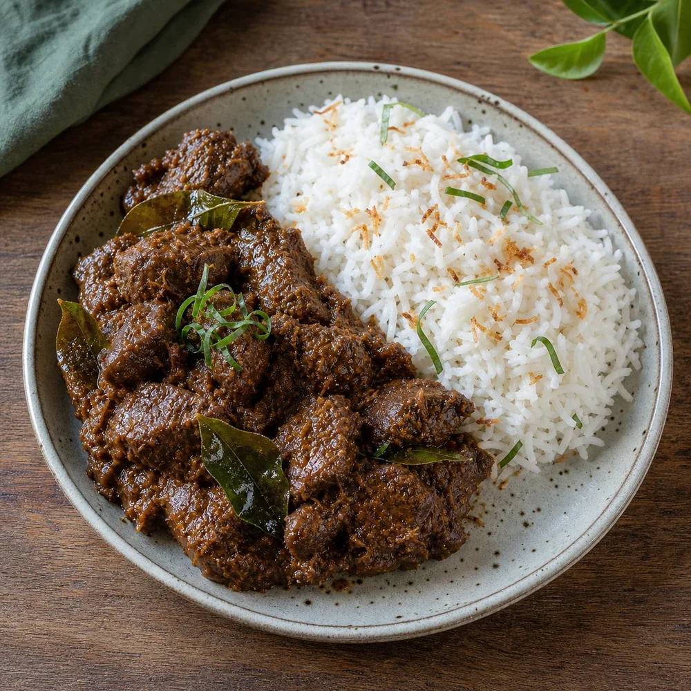 Говяжий ренданг рядом с кокосовым рисом