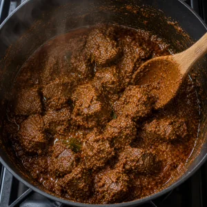 Густой соус ренданг покрывает кусочки говядины