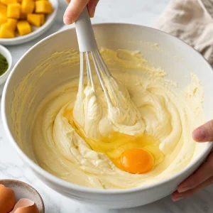 Eier werden vorsichtig in cremige Cheesecake-Masse gerührt