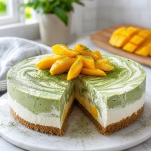 Fertiger Mango-Matcha-Cheesecake mit frischer Mango garniert