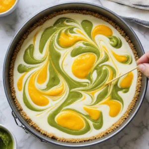 Grüne Matcha- und goldene Mango-Wirbel in der Cheesecake-Masse