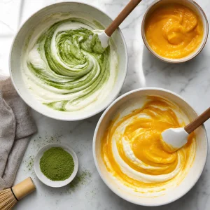 Matcha- und Mango-Cheesecake-Massen in getrennten Schalen gemischt