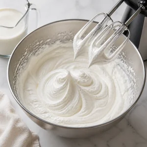 Panna fresca montata a neve ferma in una ciotola.