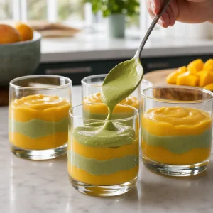 Mousse di mango e matcha stratificate in bicchieri trasparenti.