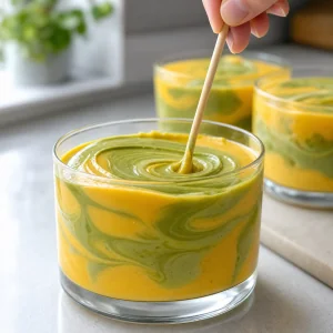 Mousse di mango e matcha variegate con uno stecchino.