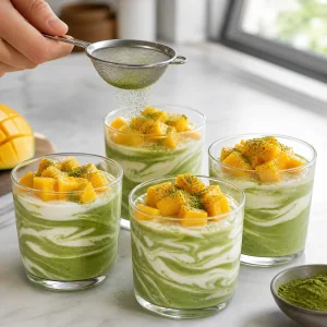 Coppette di mousse mango e matcha guarnite con mango fresco e matcha.