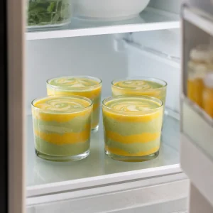 Coppette di mousse variegata mango e matcha in frigorifero.