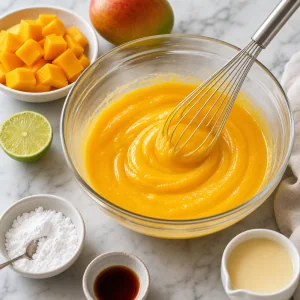 Purea di mango mescolata con lime, zucchero a velo, vaniglia e latte condensato.