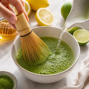 Polvere di matcha mescolata con acqua calda fino a ottenere un composto liscio.