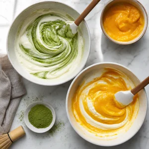 Panna montata incorporata al composto di matcha con latte condensato.