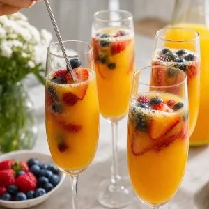 Morangos mirtilos e framboesas frescos adicionados às mimosas de manga
