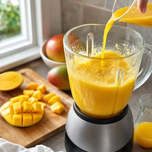 Pedaços de manga batidos em um purê dourado liso com suco de laranja