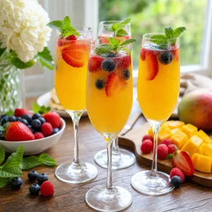Mimosas de manga decoradas com hortelã fresca e servidas frias e borbulhantes