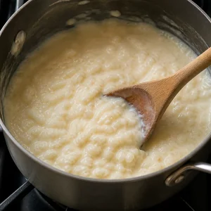 Kremowy pudding ryżowy gęstnieje w garnku