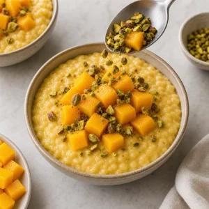 Kostki mango i pistacje dodane do puddingu ryżowego z mango