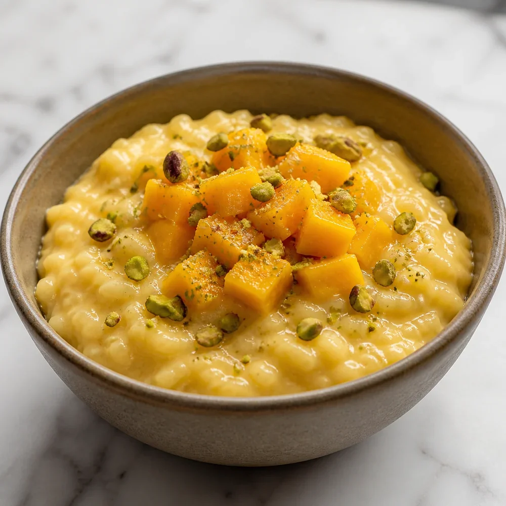 Gotowy pudding ryżowy z mango, kostkami mango i pistacjami