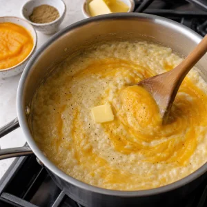 Puree z mango i masło wmieszane w gorący pudding ryżowy