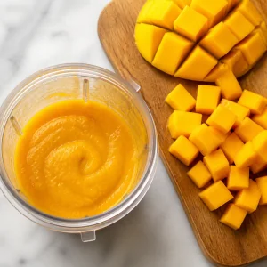 Puree z mango obok pokrojonego dojrzałego mango