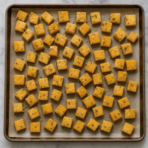 Cubetti di rutabaga conditi disposti in un solo strato sulla teglia