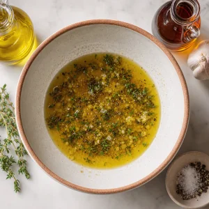 Miscela di olio d oliva, sciroppo d acero, aglio, timo, sale e pepe in una ciotola