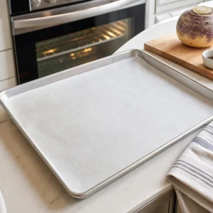 Teglia bordata rivestita di carta forno pronta accanto al forno preriscaldato